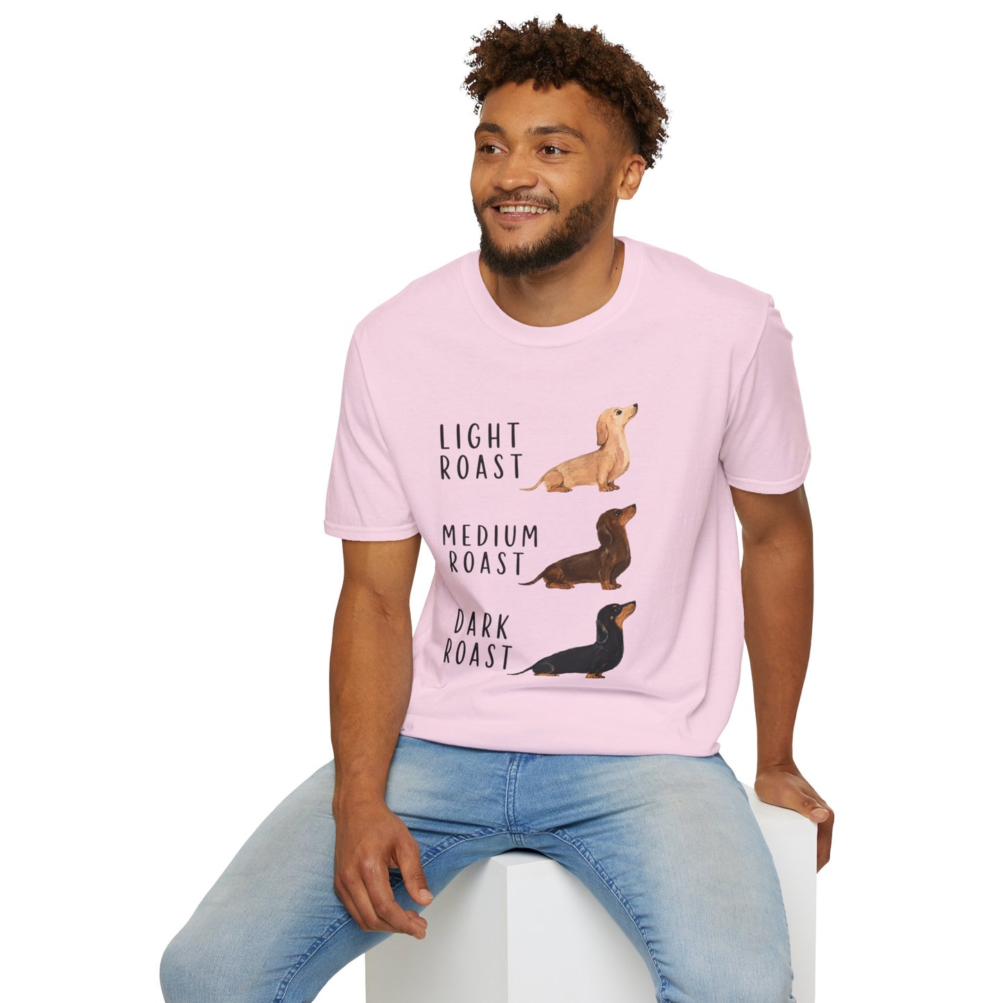 Dachshund Coffee Roast T-Shirt — "Light Roast, Medium Roast, Dark Roast"