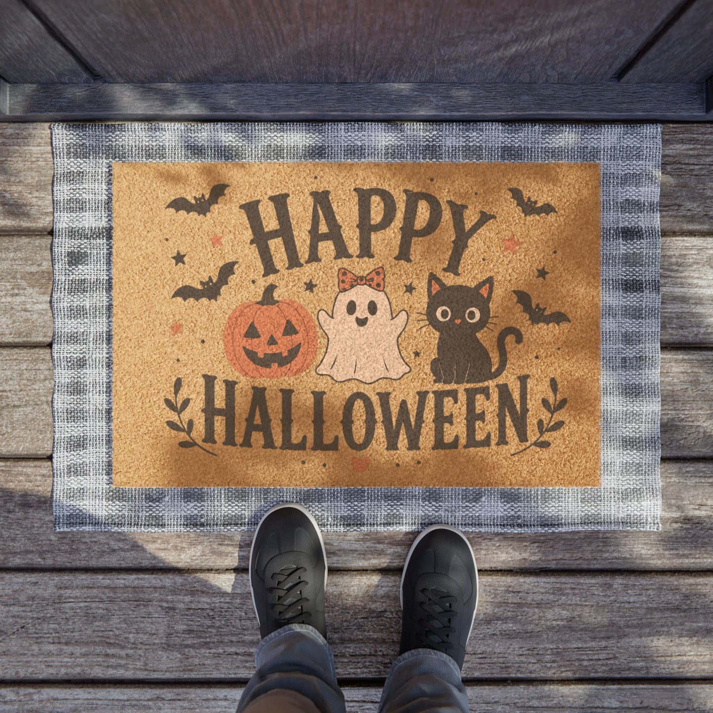 Happy Halloween Doormat — Cute Ghost, Pumpkin & Black Cat Welcome Mat