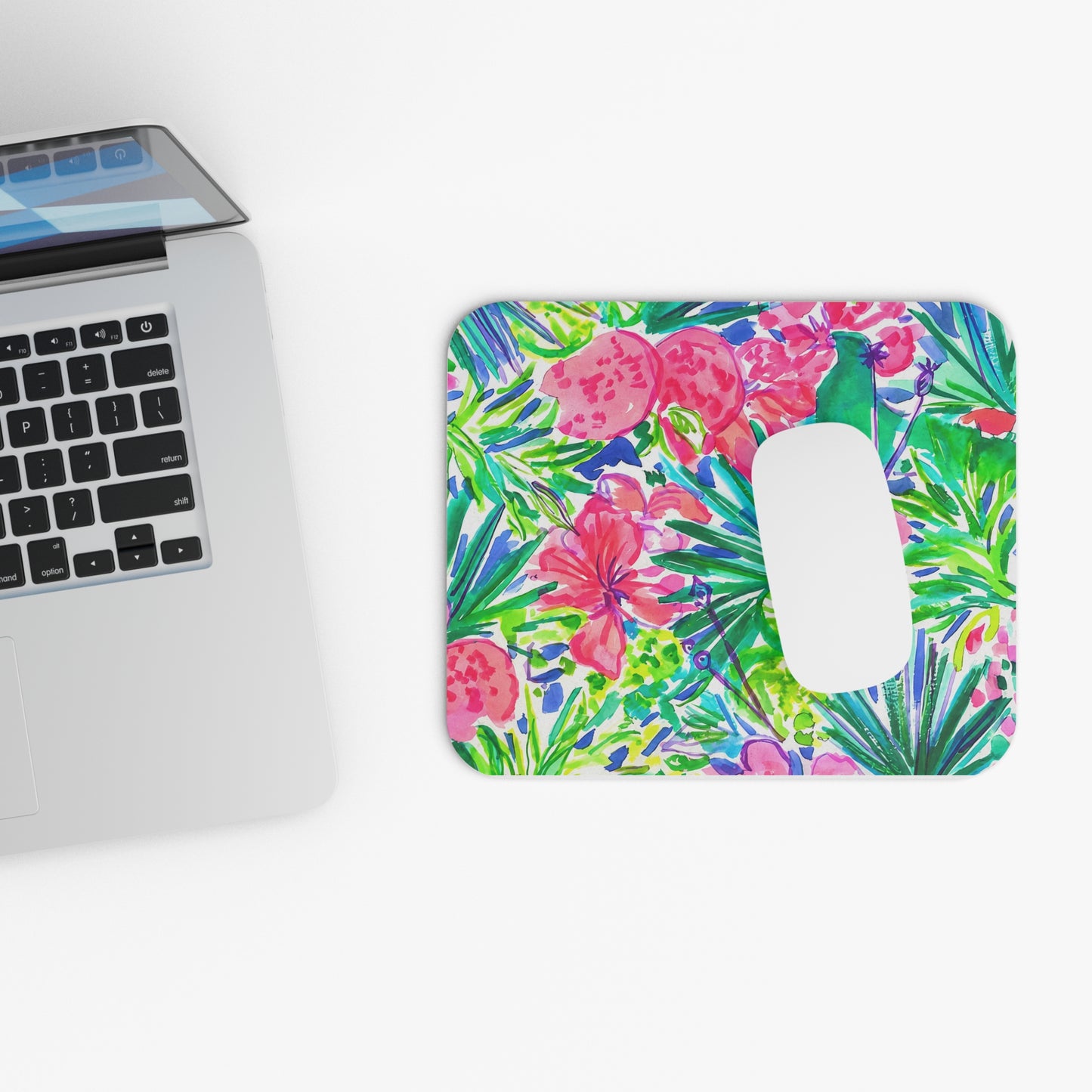Tropical Watercolor Mouse Pad – Pink Pomegranate & Palm Desk Mat