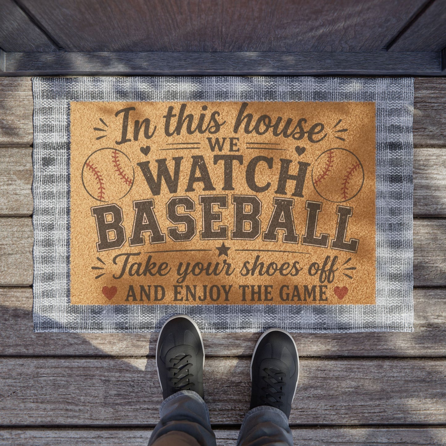 Doormat — 'In This House We Watch Baseball' Welcome Mat (Take Your Shoes Off)