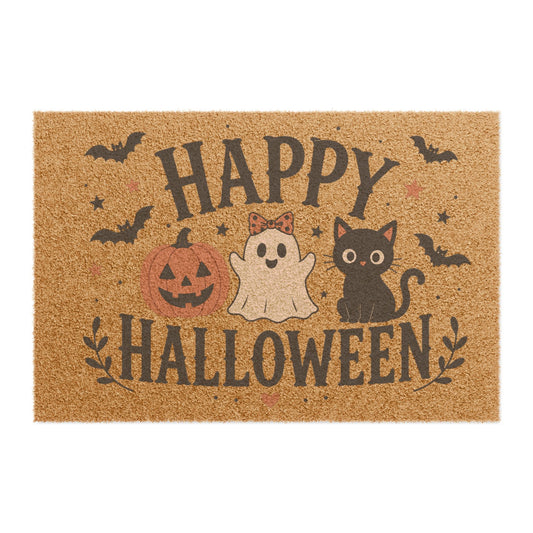 Happy Halloween Doormat — Cute Ghost, Pumpkin & Black Cat Welcome Mat