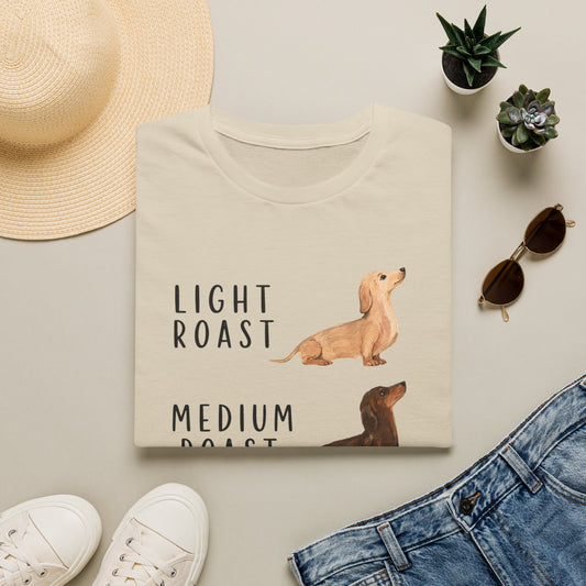 Dachshund Coffee Roast T-Shirt — "Light Roast, Medium Roast, Dark Roast"