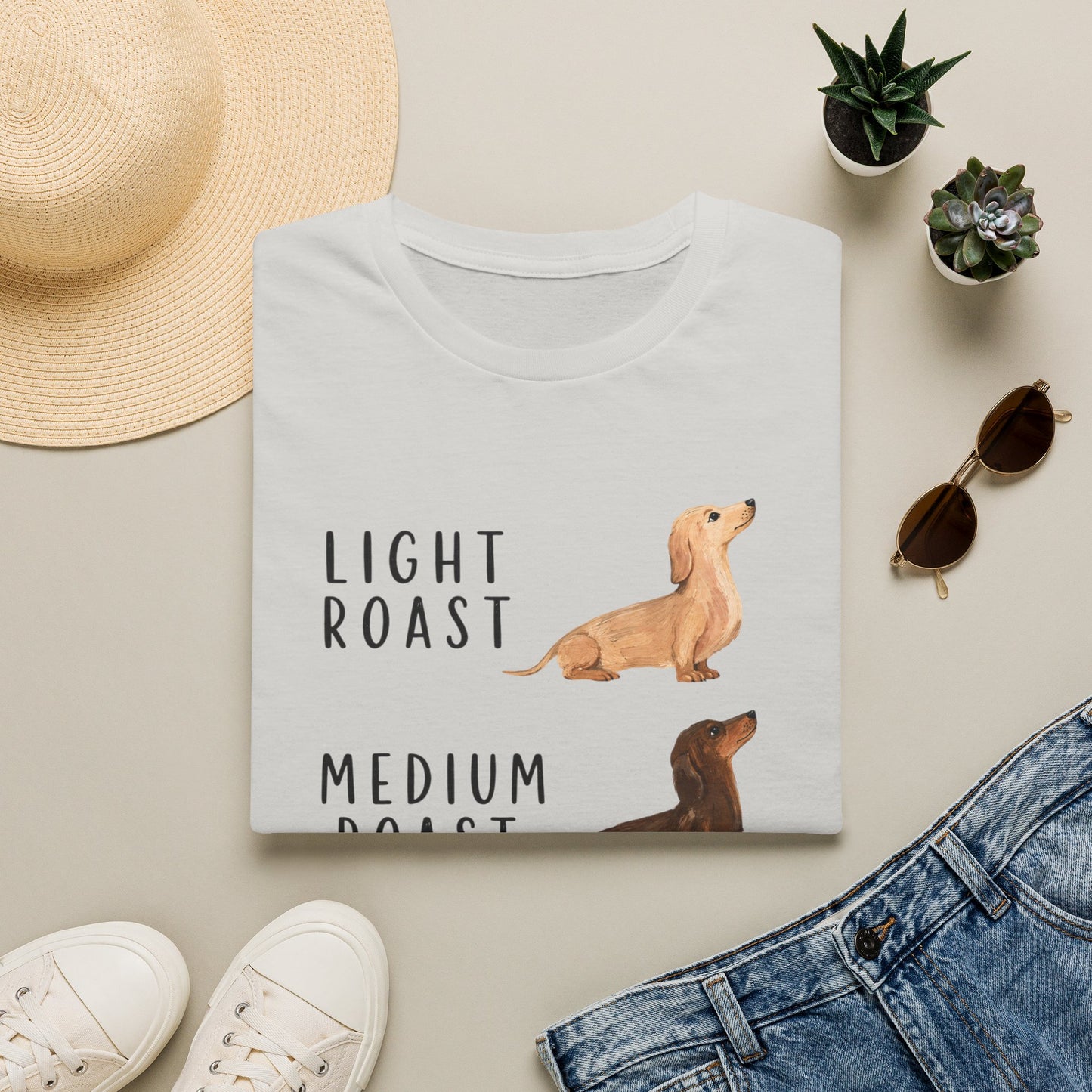 Dachshund Coffee Roast T-Shirt — "Light Roast, Medium Roast, Dark Roast"