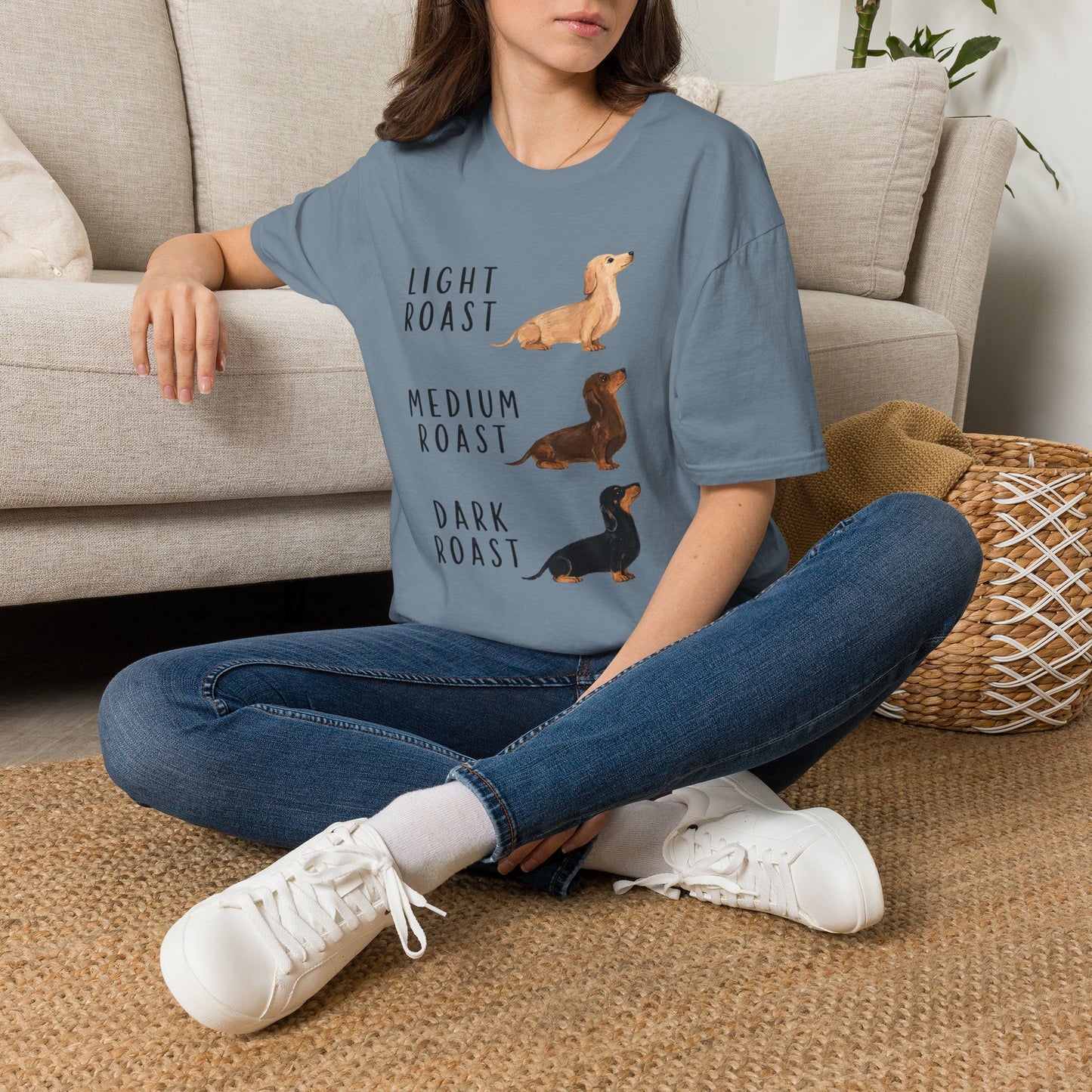 Dachshund Coffee Roast T-Shirt — "Light Roast, Medium Roast, Dark Roast"