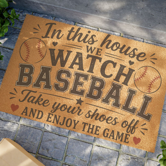 Doormat — 'In This House We Watch Baseball' Welcome Mat (Take Your Shoes Off)