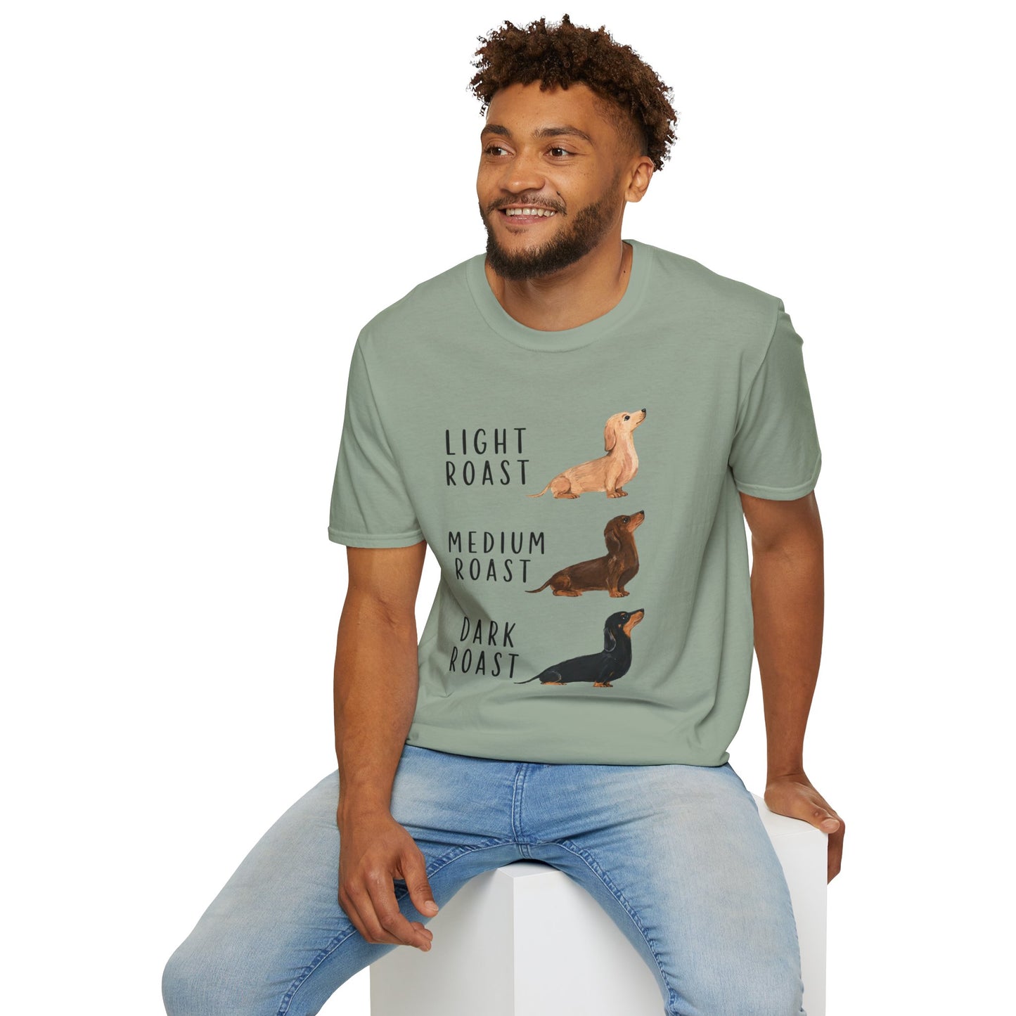 Dachshund Coffee Roast T-Shirt — "Light Roast, Medium Roast, Dark Roast"