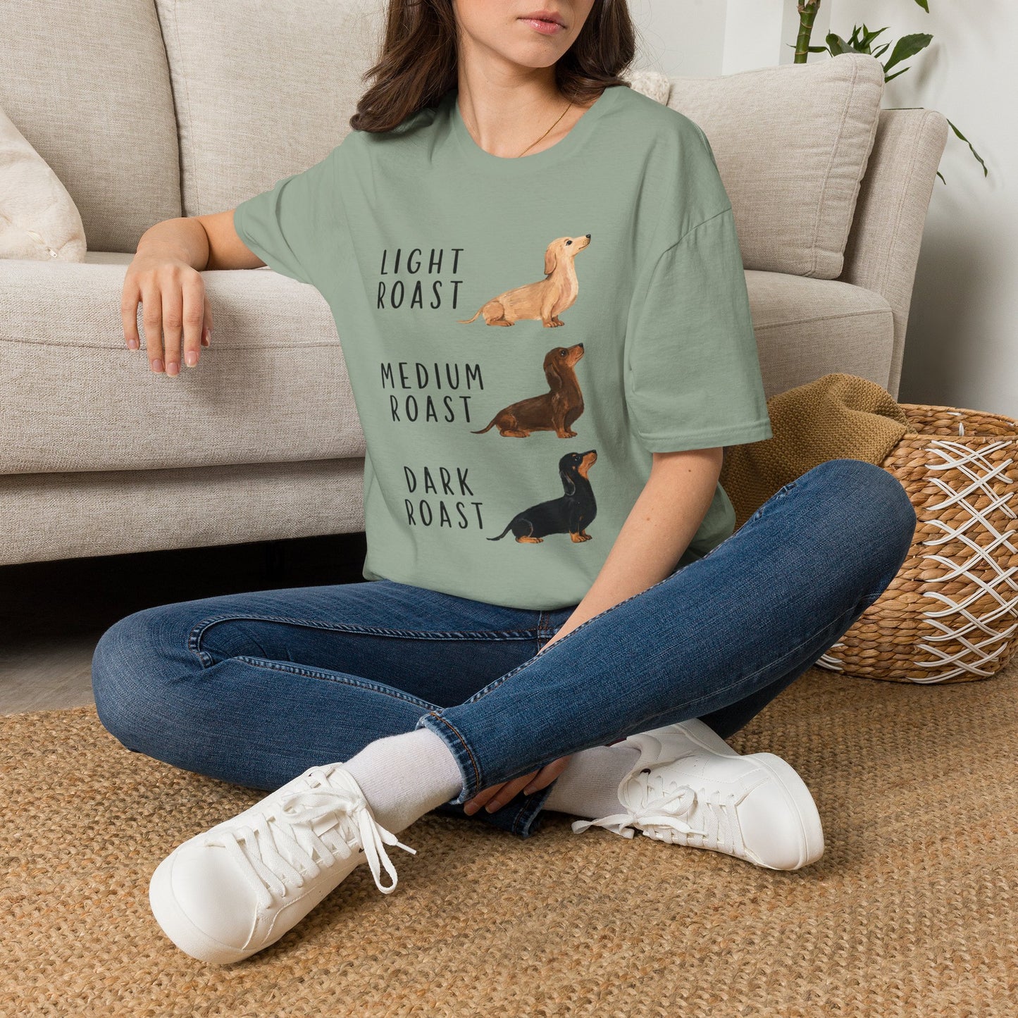 Dachshund Coffee Roast T-Shirt — "Light Roast, Medium Roast, Dark Roast"