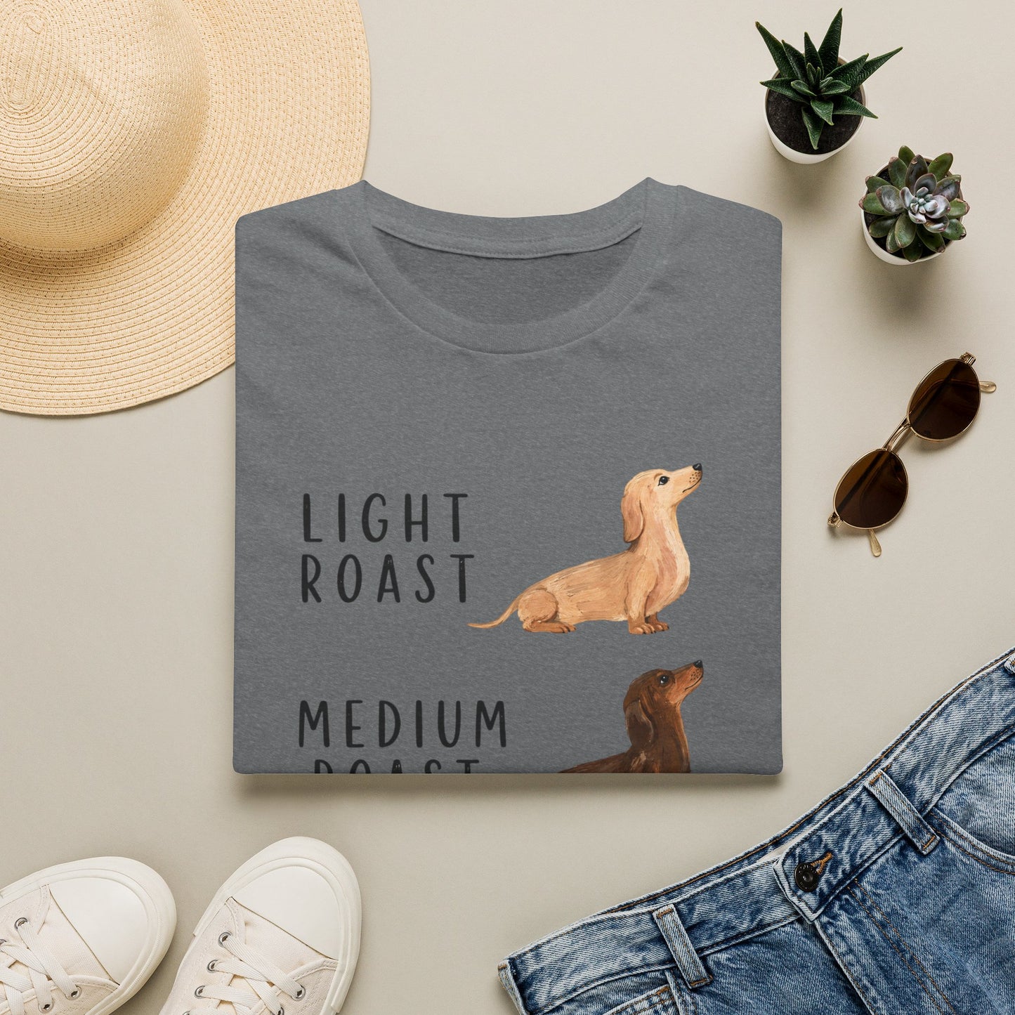 Dachshund Coffee Roast T-Shirt — "Light Roast, Medium Roast, Dark Roast"