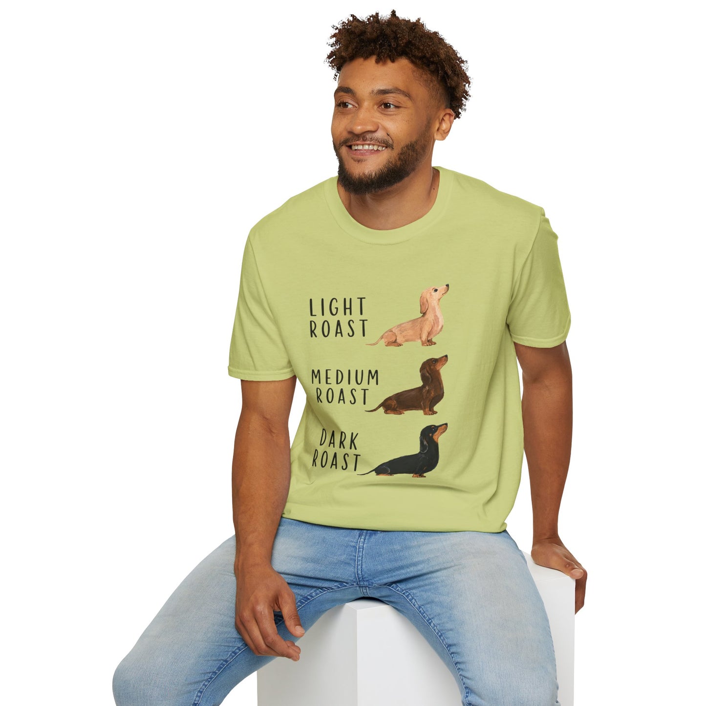 Dachshund Coffee Roast T-Shirt — "Light Roast, Medium Roast, Dark Roast"