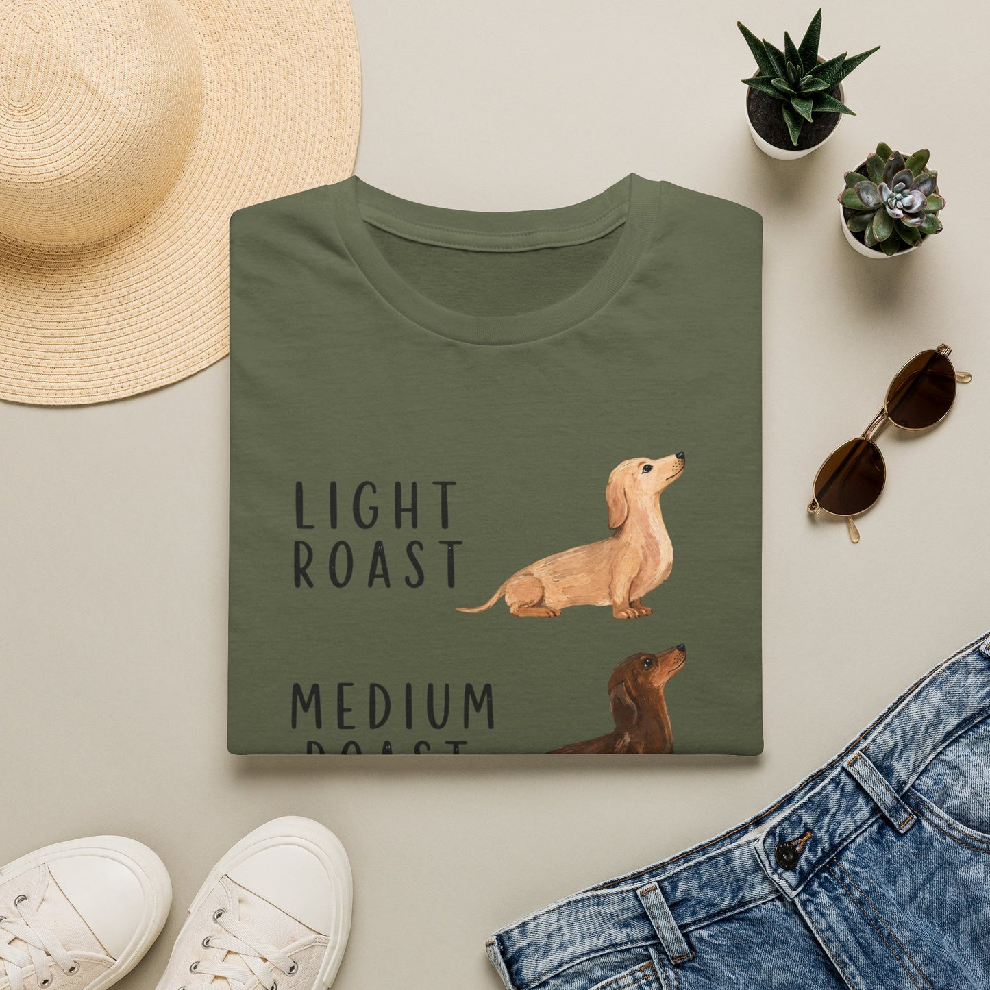 Dachshund Coffee Roast T-Shirt — "Light Roast, Medium Roast, Dark Roast"