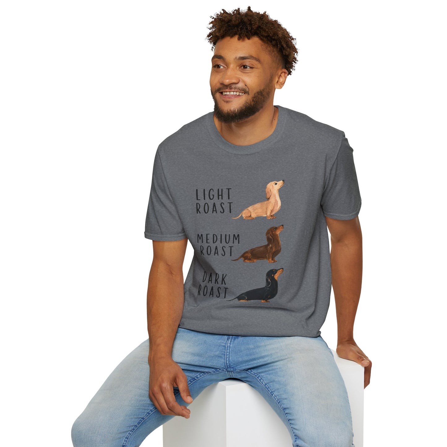 Dachshund Coffee Roast T-Shirt — "Light Roast, Medium Roast, Dark Roast"