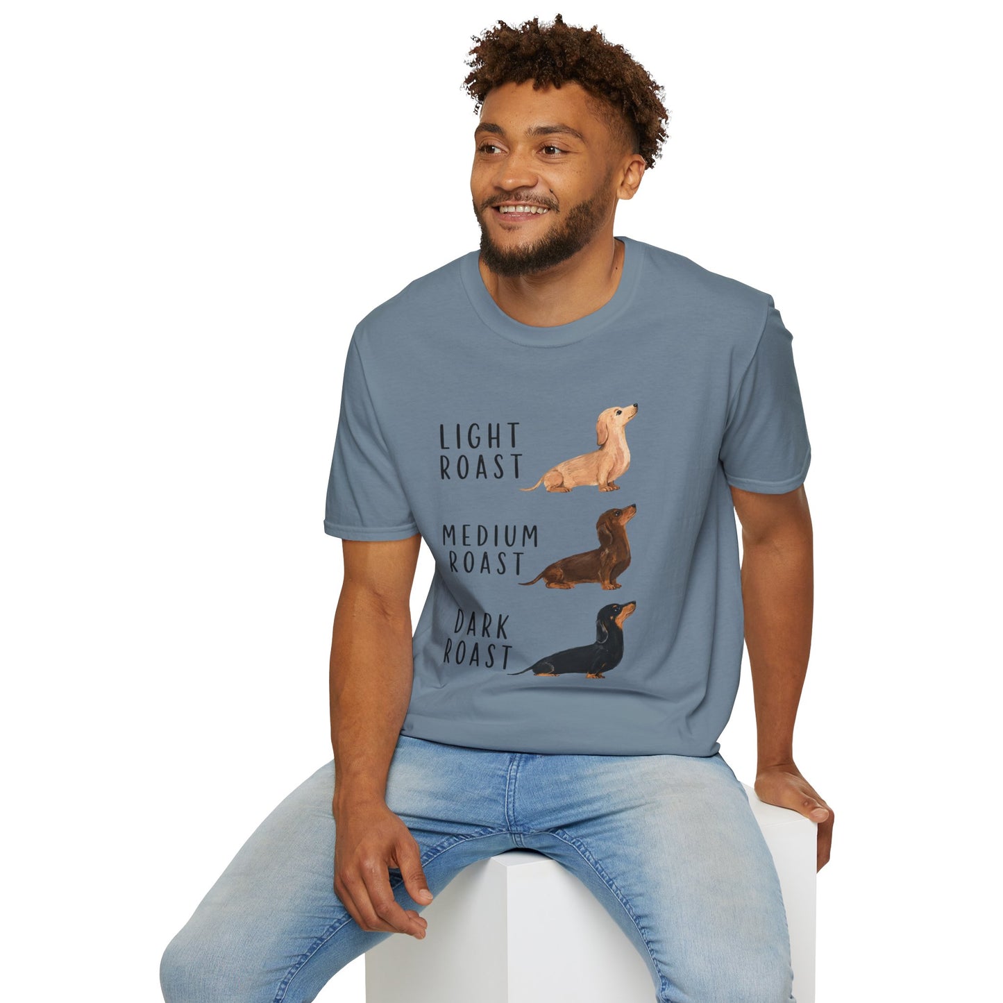 Dachshund Coffee Roast T-Shirt — "Light Roast, Medium Roast, Dark Roast"