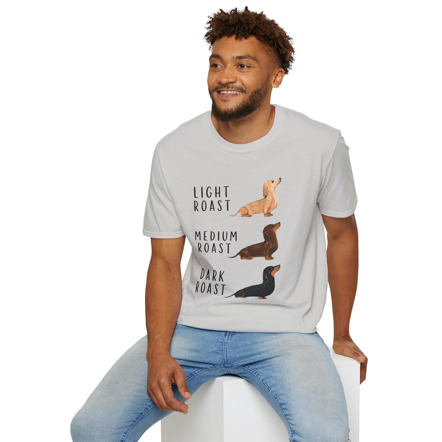 Dachshund Coffee Roast T-Shirt — "Light Roast, Medium Roast, Dark Roast"