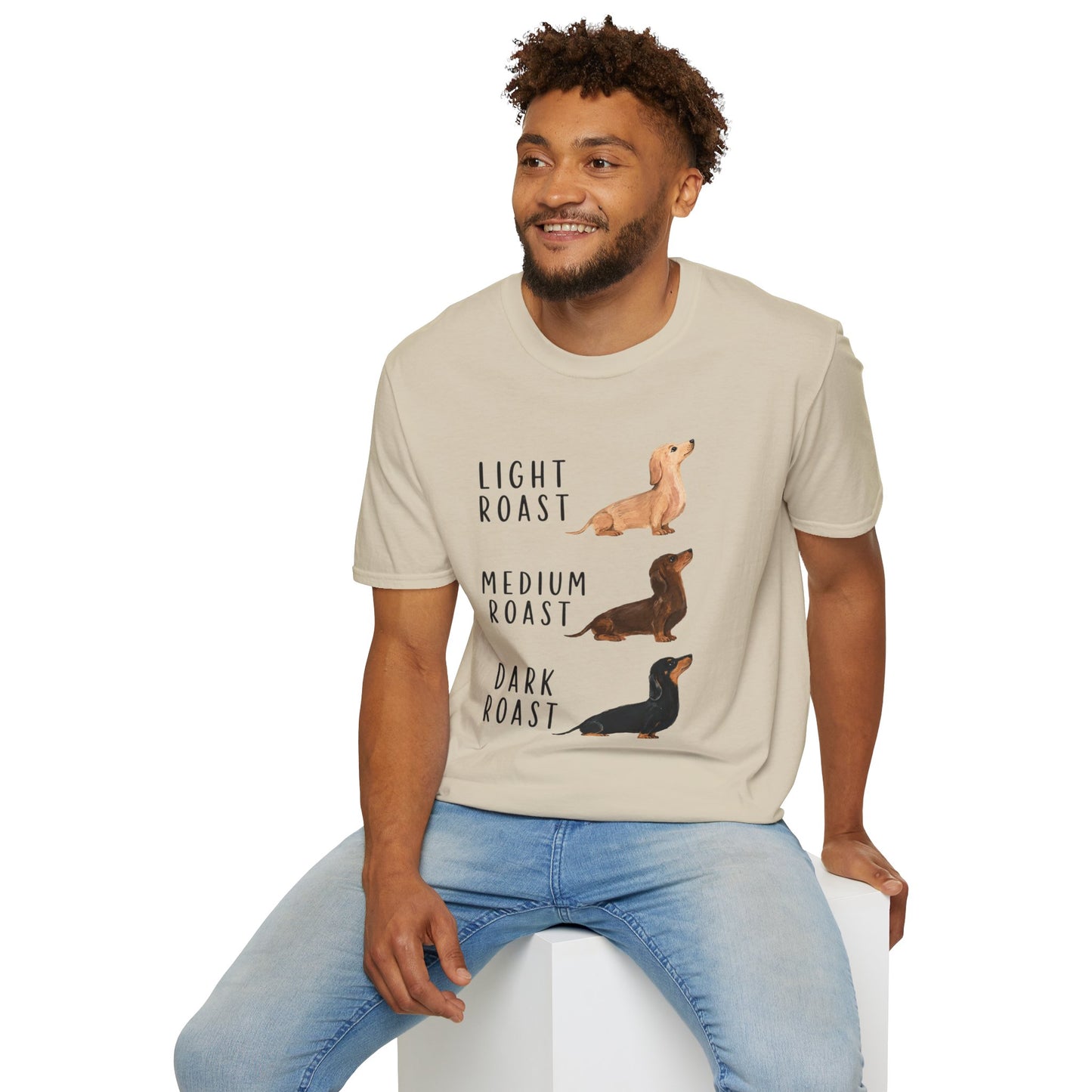 Dachshund Coffee Roast T-Shirt — "Light Roast, Medium Roast, Dark Roast"