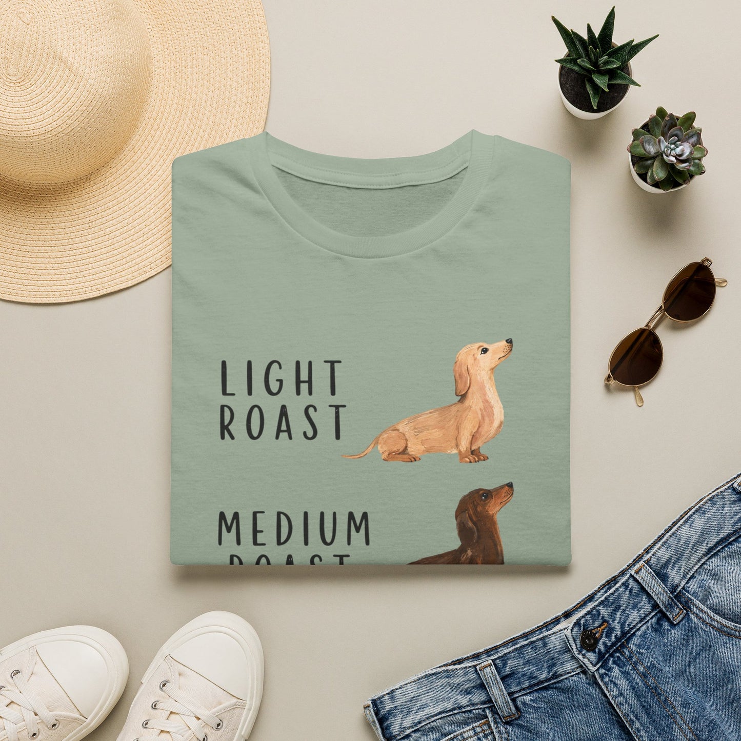 Dachshund Coffee Roast T-Shirt — "Light Roast, Medium Roast, Dark Roast"