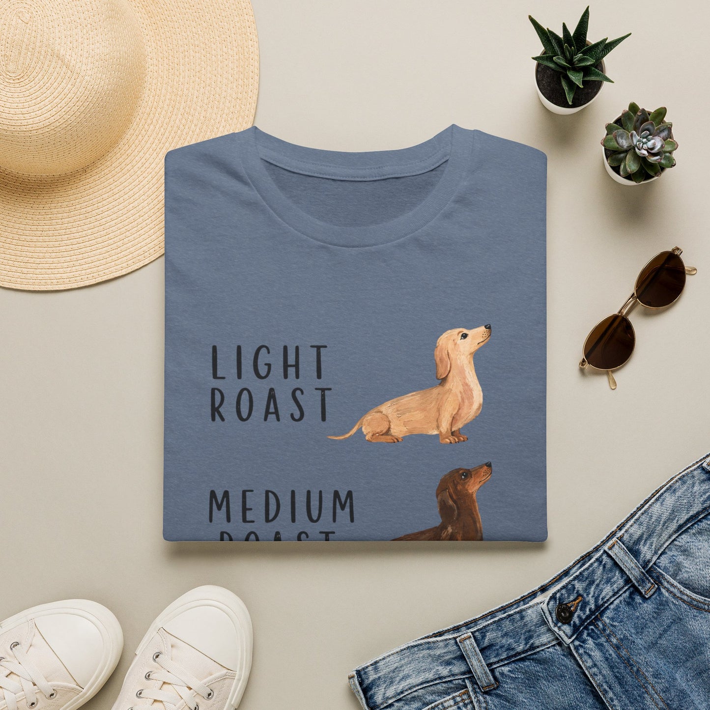 Dachshund Coffee Roast T-Shirt — "Light Roast, Medium Roast, Dark Roast"