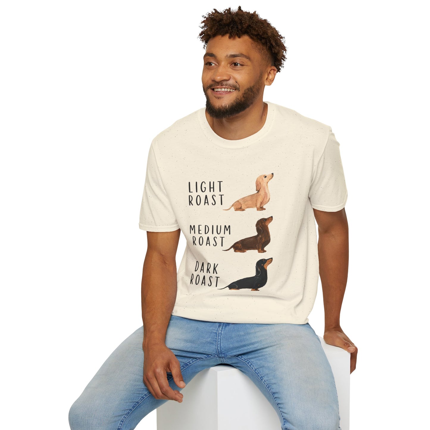Dachshund Coffee Roast T-Shirt — "Light Roast, Medium Roast, Dark Roast"