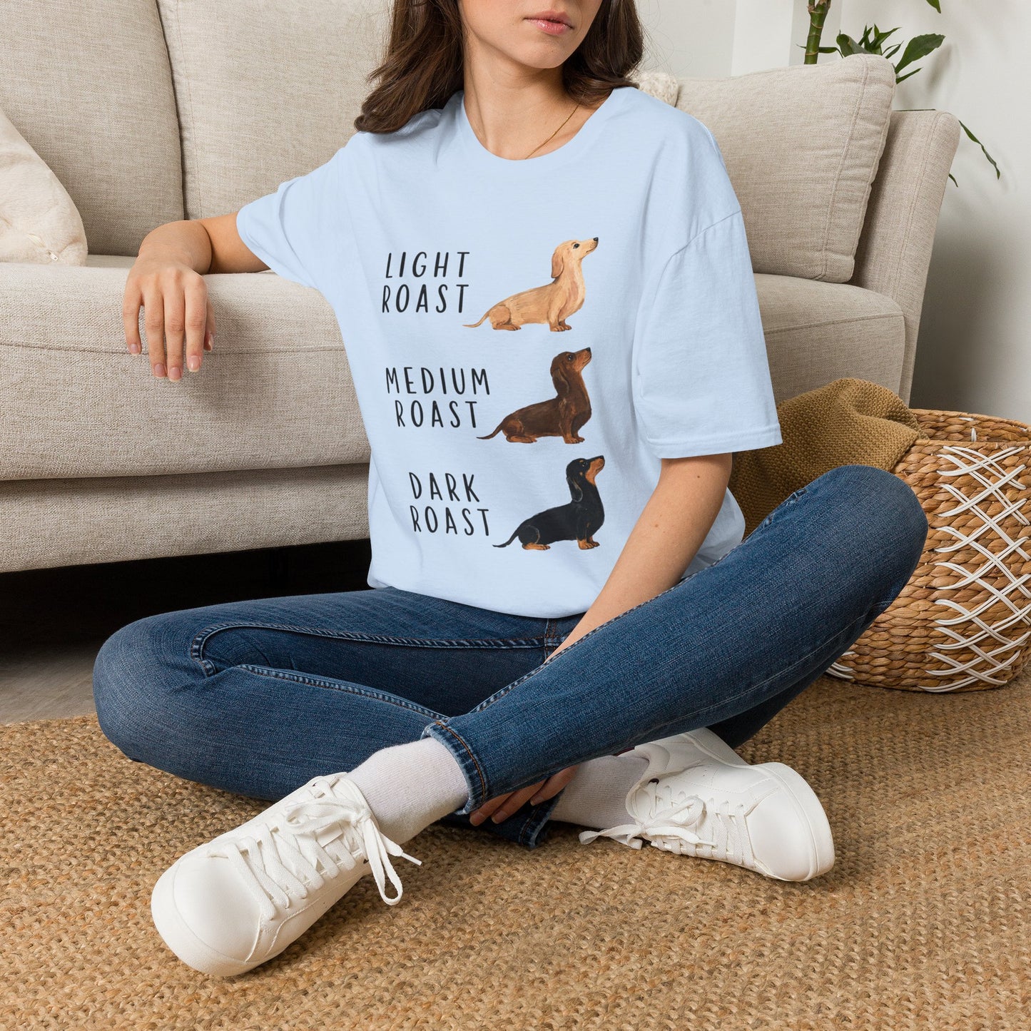 Dachshund Coffee Roast T-Shirt — "Light Roast, Medium Roast, Dark Roast"