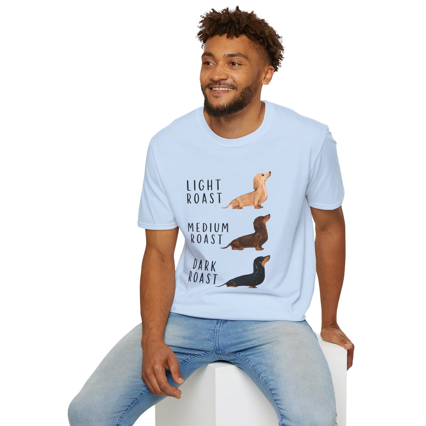 Dachshund Coffee Roast T-Shirt — "Light Roast, Medium Roast, Dark Roast"