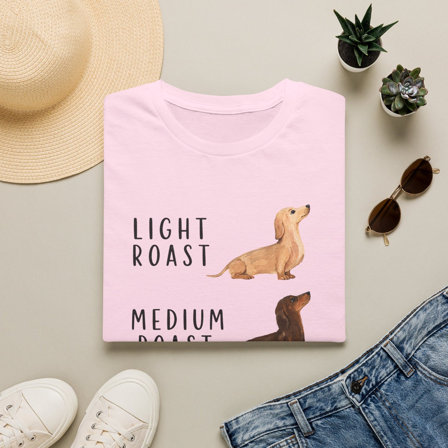 Dachshund Coffee Roast T-Shirt — "Light Roast, Medium Roast, Dark Roast"