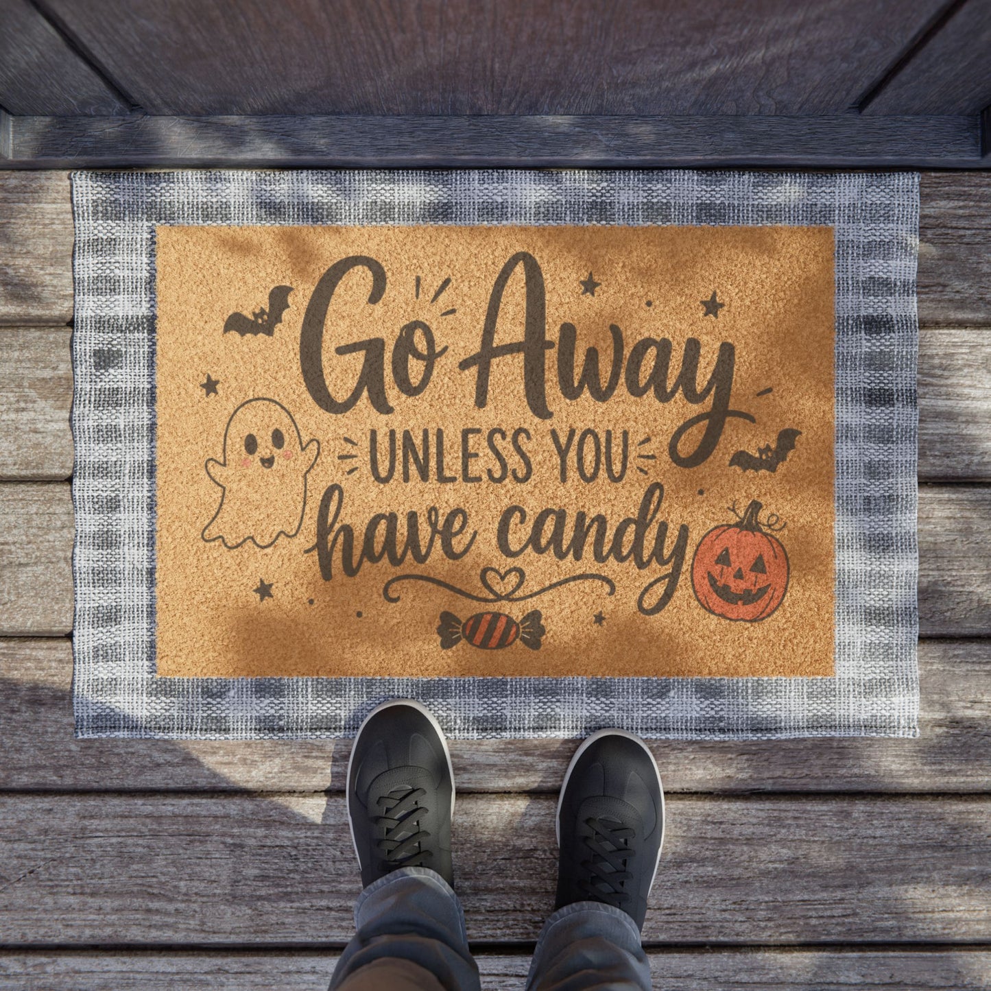 Halloween Doormat - "Go Away Unless You Have Candy" Welcome Mat with Pumpkin & Ghost