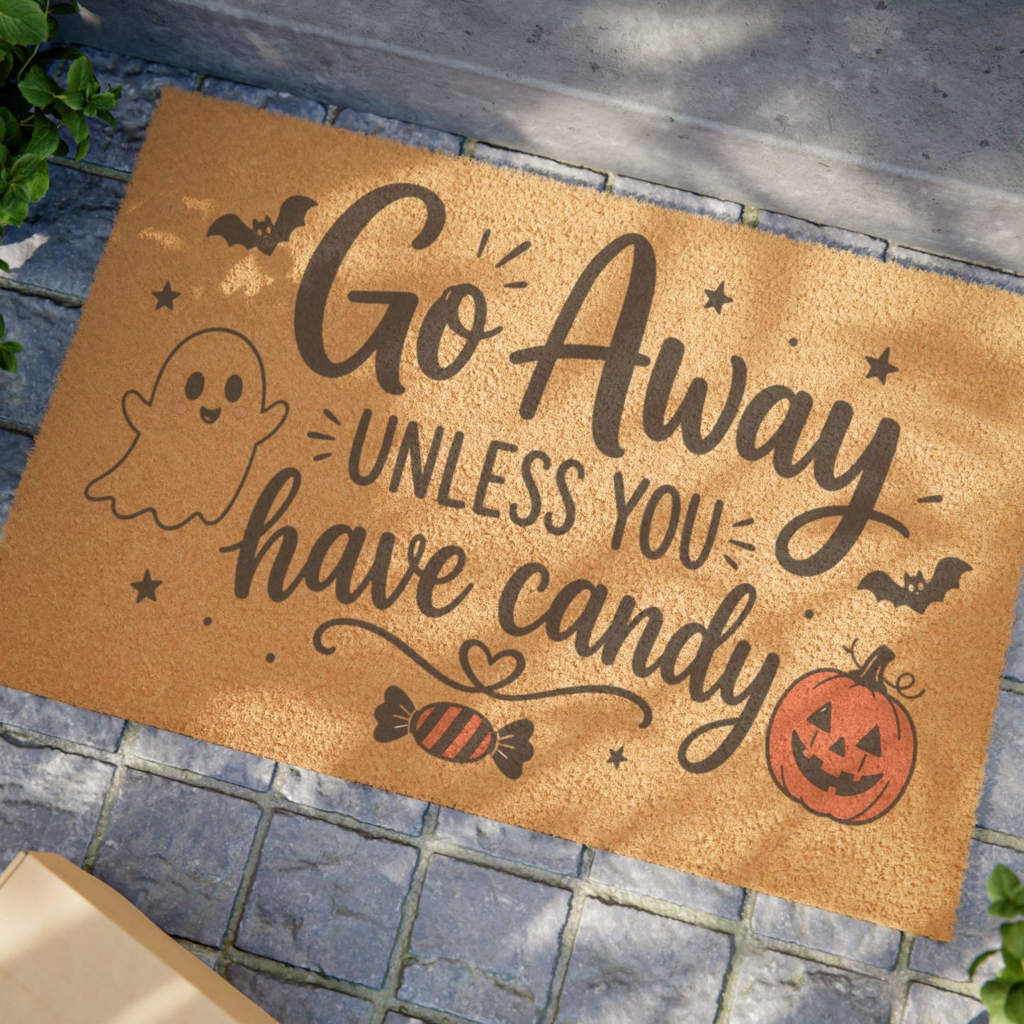 Halloween Doormat - "Go Away Unless You Have Candy" Welcome Mat with Pumpkin & Ghost