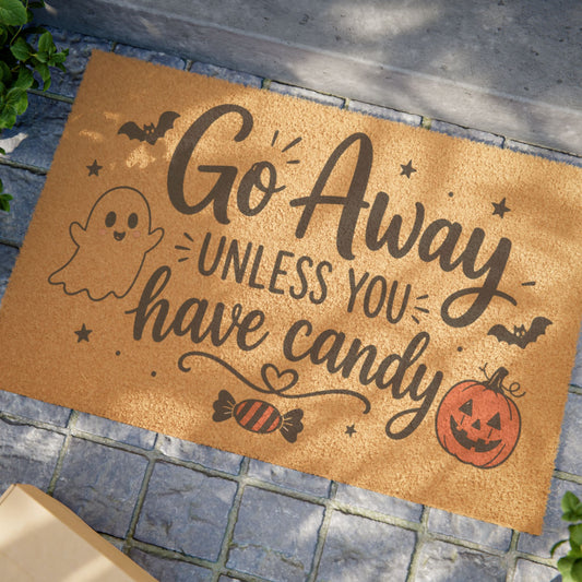 Halloween Doormat - "Go Away Unless You Have Candy" Welcome Mat with Pumpkin & Ghost