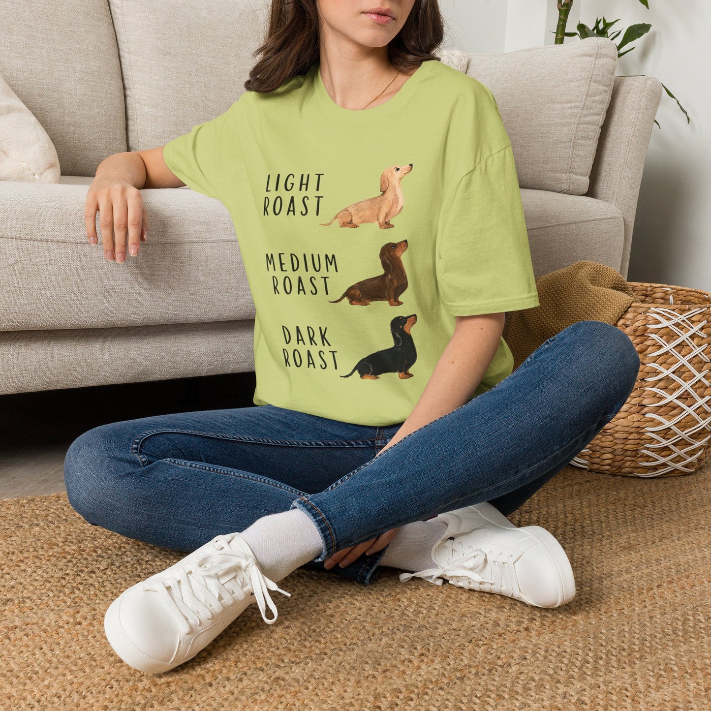 Dachshund Coffee Roast T-Shirt — "Light Roast, Medium Roast, Dark Roast"
