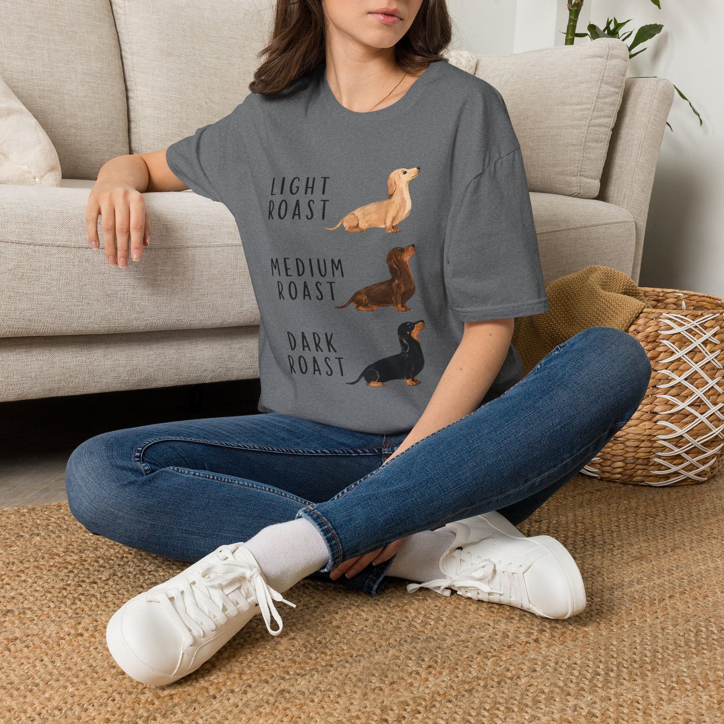 Dachshund Coffee Roast T-Shirt — "Light Roast, Medium Roast, Dark Roast"