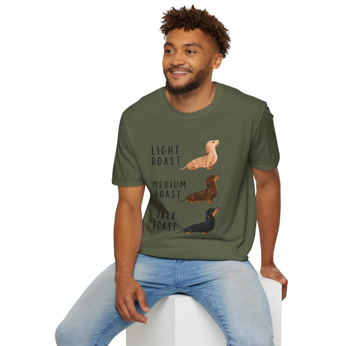 Dachshund Coffee Roast T-Shirt — "Light Roast, Medium Roast, Dark Roast"