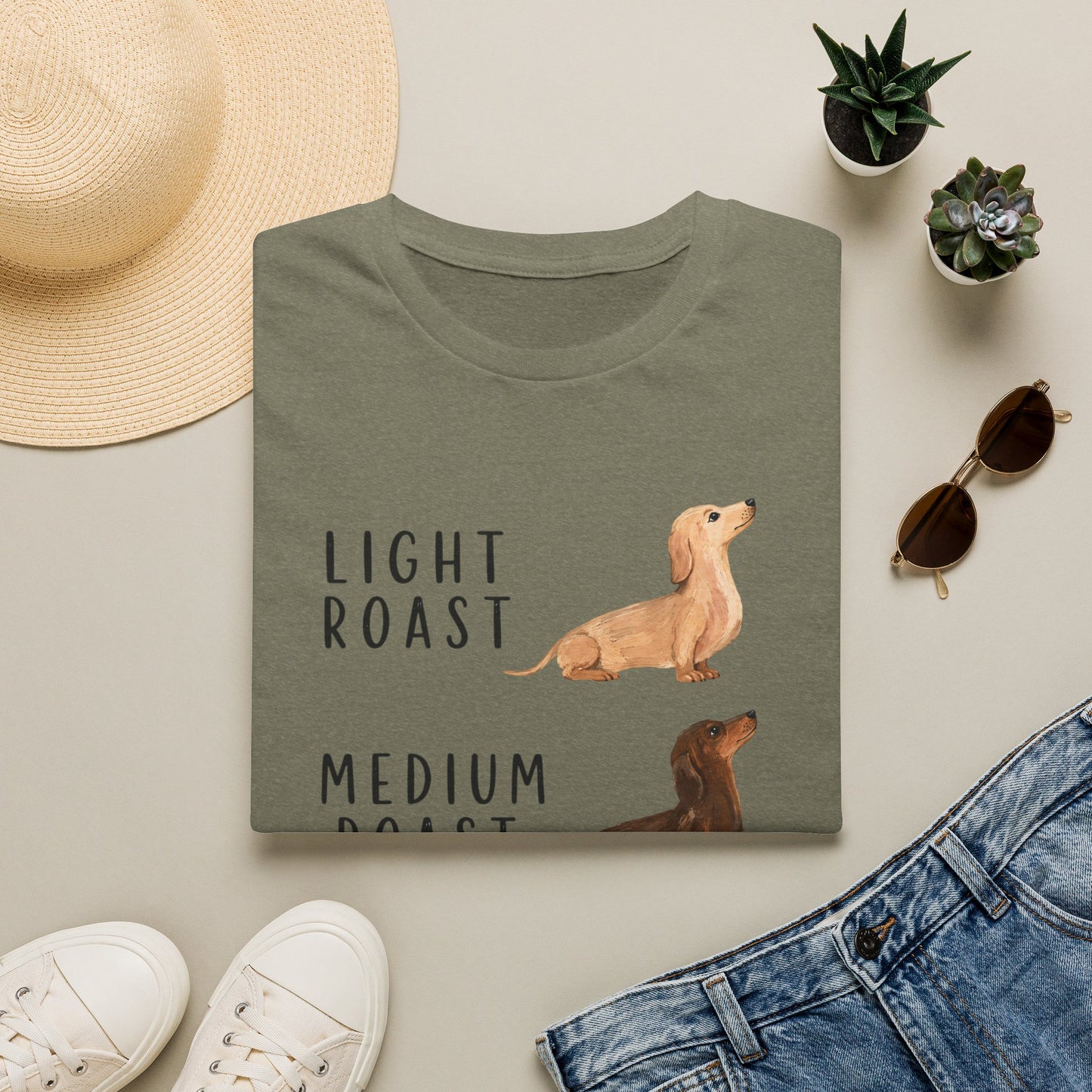 Dachshund Coffee Roast T-Shirt — "Light Roast, Medium Roast, Dark Roast"