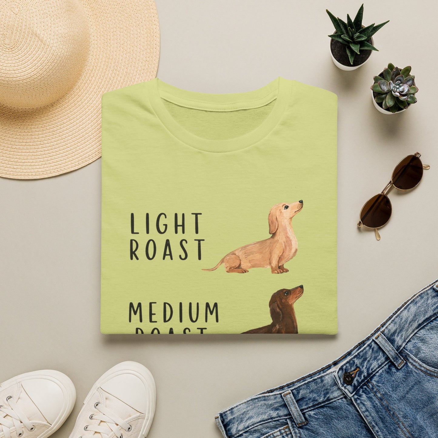 Dachshund Coffee Roast T-Shirt — "Light Roast, Medium Roast, Dark Roast"