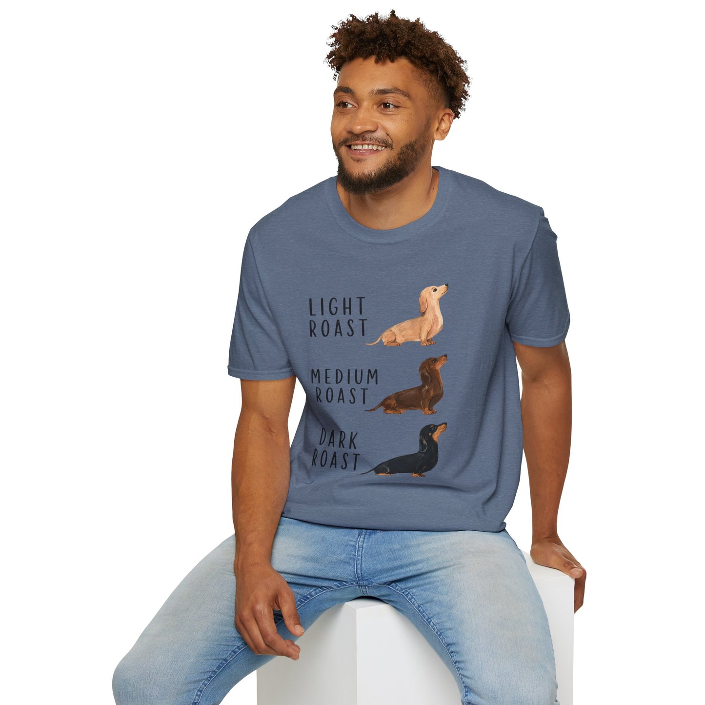 Dachshund Coffee Roast T-Shirt — "Light Roast, Medium Roast, Dark Roast"