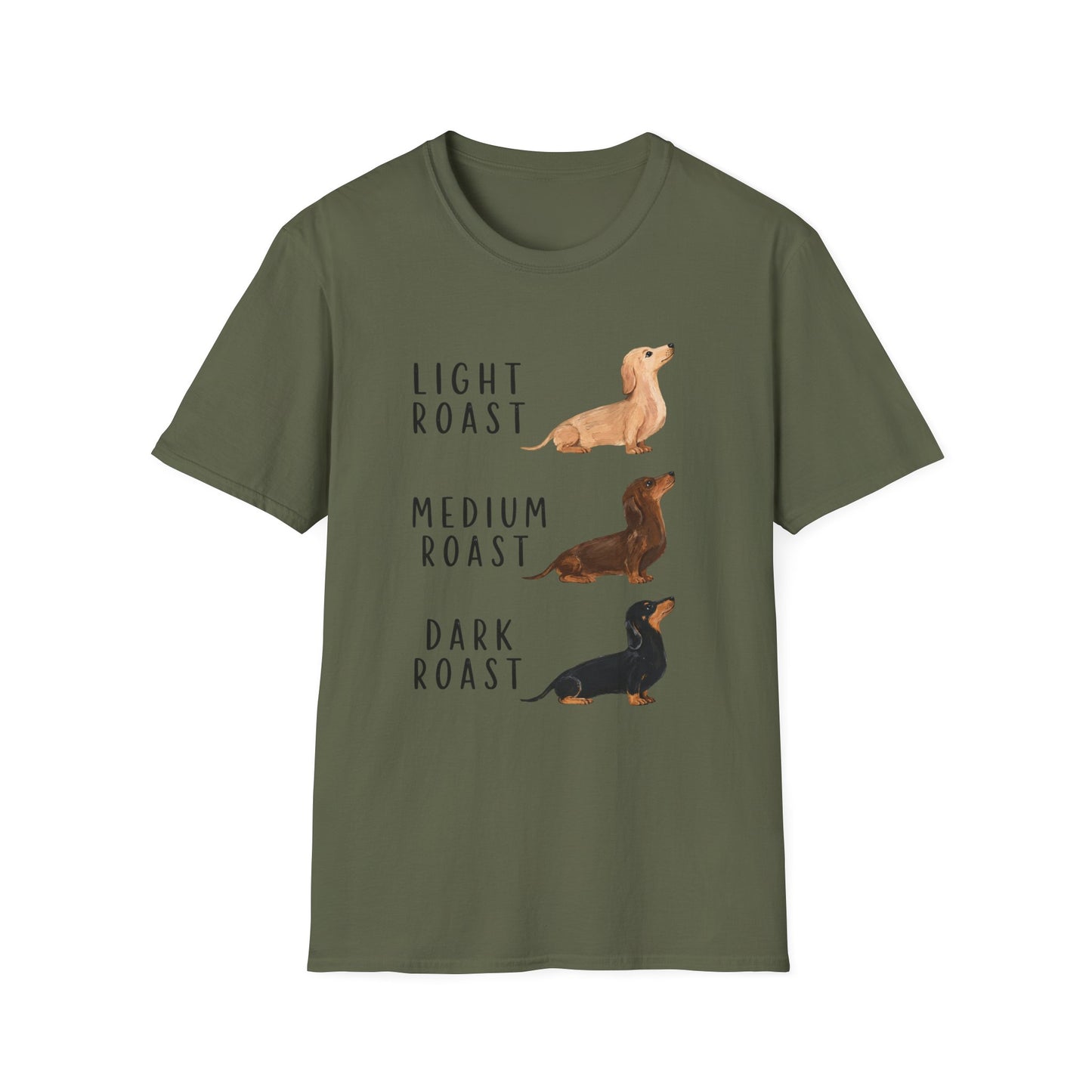 Dachshund Coffee Roast T-Shirt — "Light Roast, Medium Roast, Dark Roast"