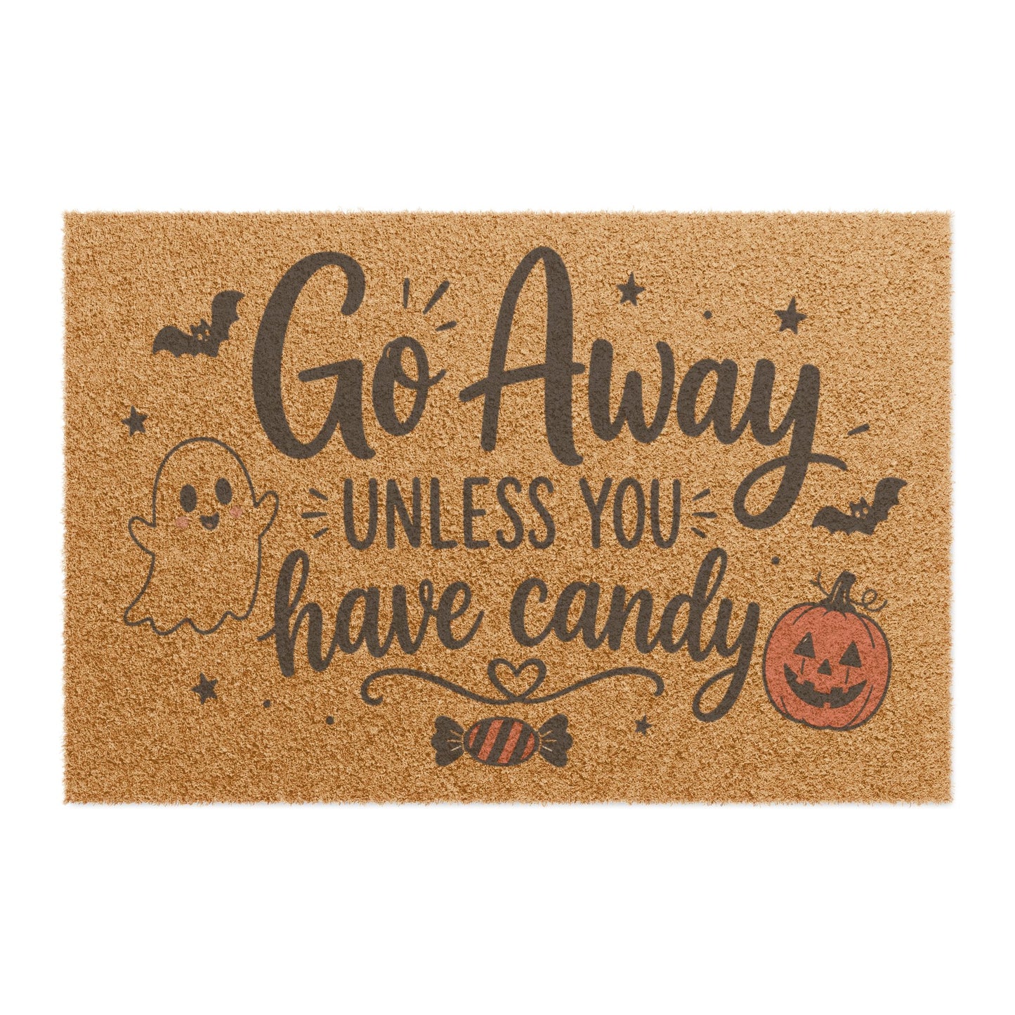 Halloween Doormat - "Go Away Unless You Have Candy" Welcome Mat with Pumpkin & Ghost