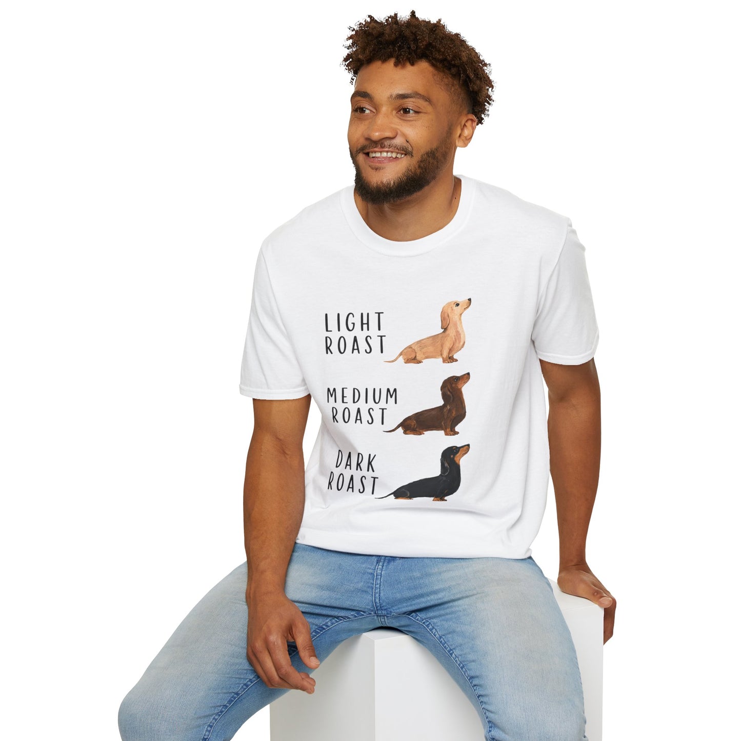 Dachshund Coffee Roast T-Shirt — "Light Roast, Medium Roast, Dark Roast"