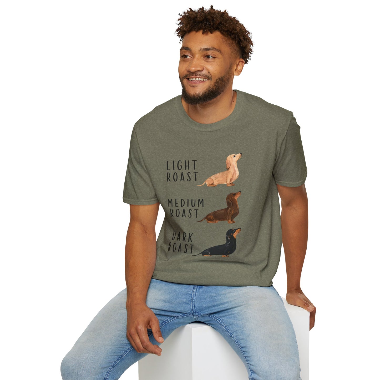 Dachshund Coffee Roast T-Shirt — "Light Roast, Medium Roast, Dark Roast"