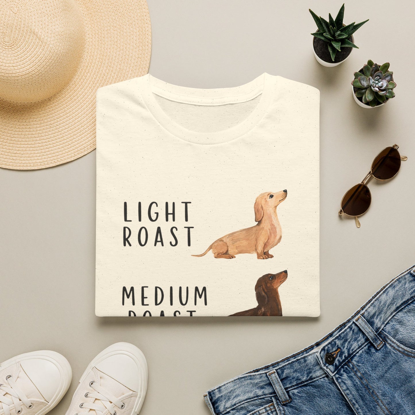 Dachshund Coffee Roast T-Shirt — "Light Roast, Medium Roast, Dark Roast"
