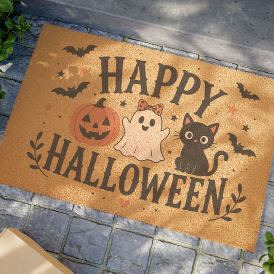 Happy Halloween Doormat — Cute Ghost, Pumpkin & Black Cat Welcome Mat