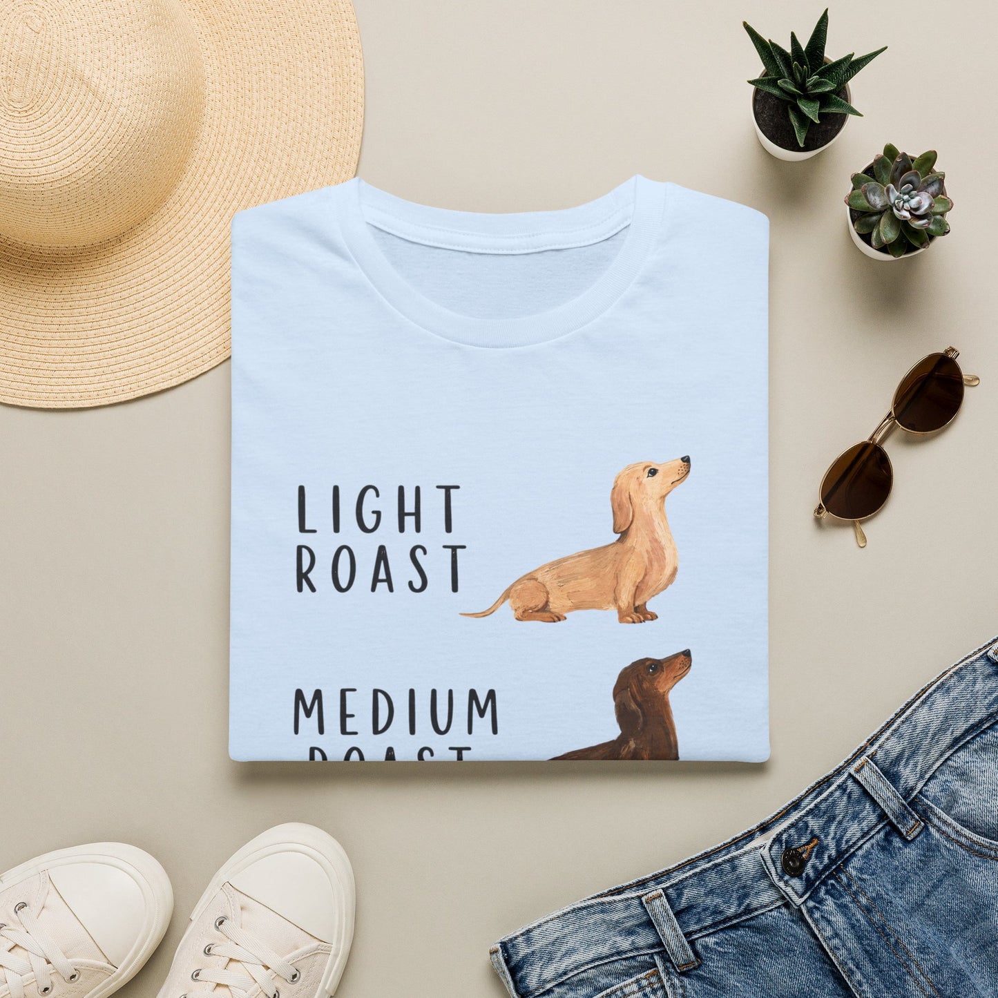 Dachshund Coffee Roast T-Shirt — "Light Roast, Medium Roast, Dark Roast"