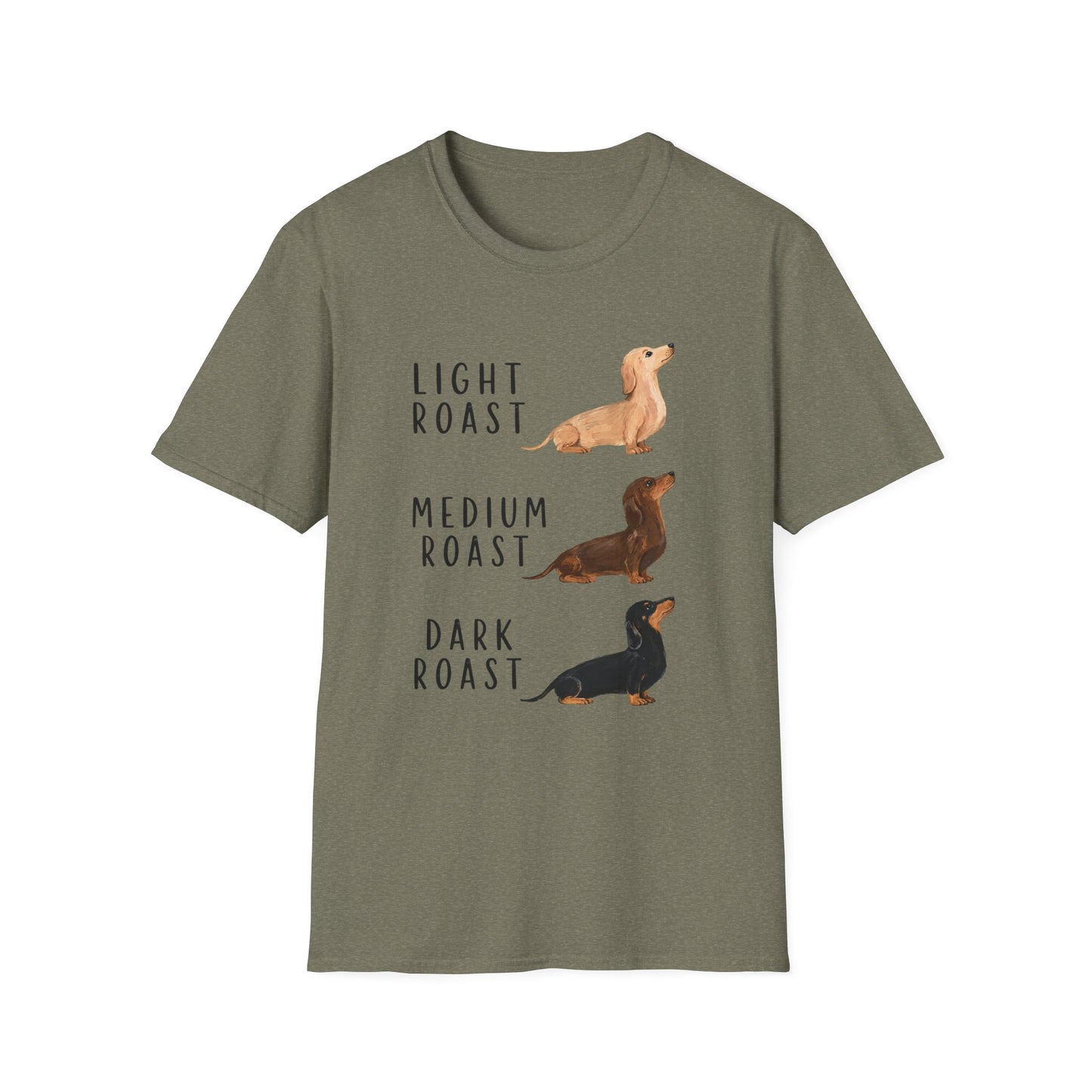 Dachshund Coffee Roast T-Shirt — "Light Roast, Medium Roast, Dark Roast"