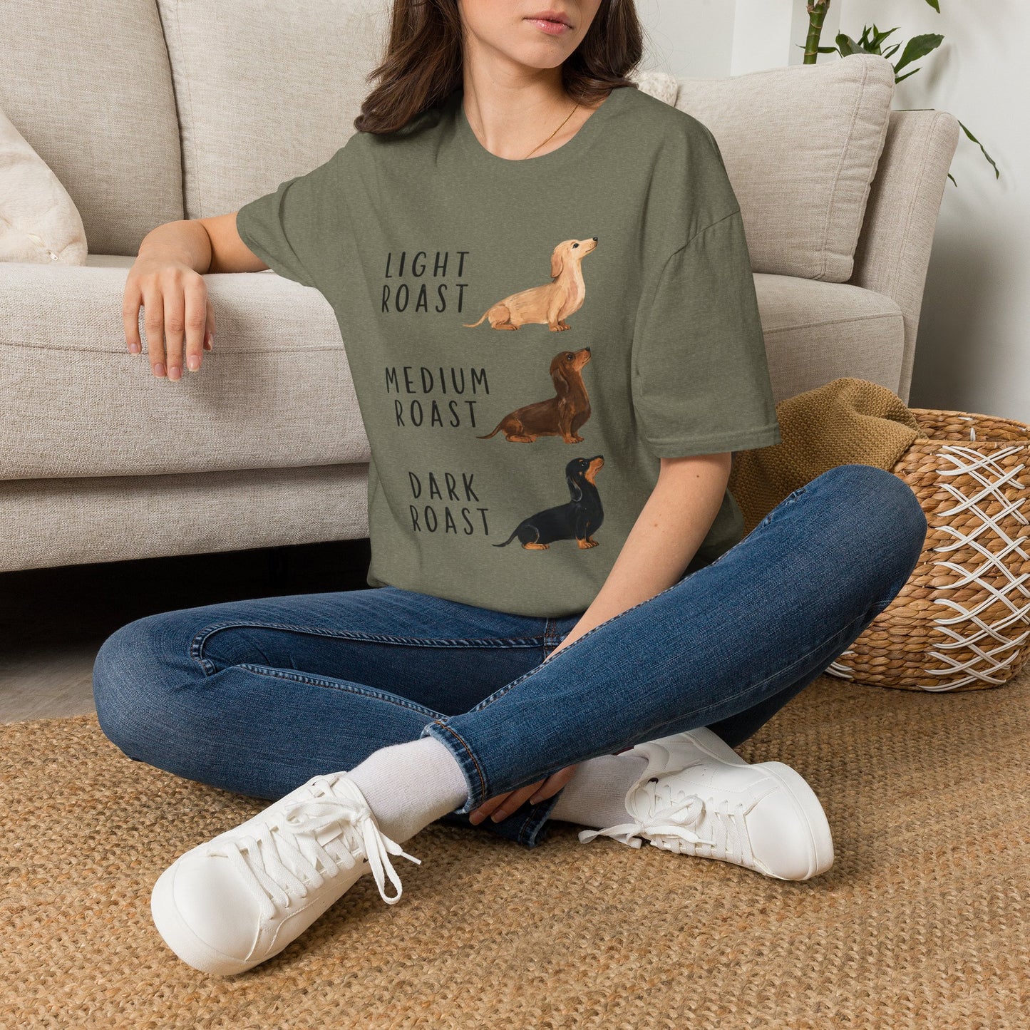 Dachshund Coffee Roast T-Shirt — "Light Roast, Medium Roast, Dark Roast"