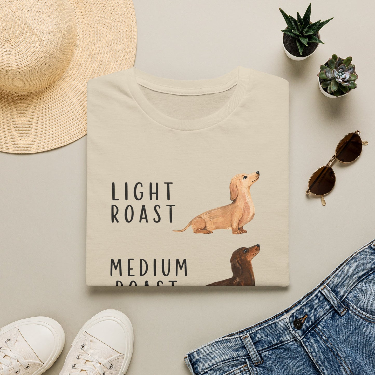 Dachshund Coffee Roast T-Shirt — "Light Roast, Medium Roast, Dark Roast"